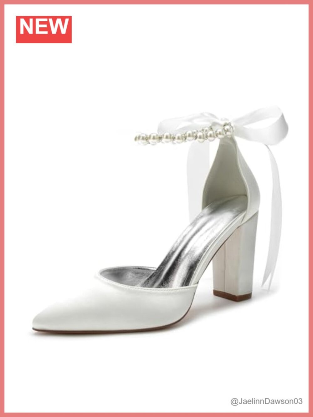 Ivory Pearl Satin Wedding Shoes Bride High Heels Pointed Toe Block Heels Prom